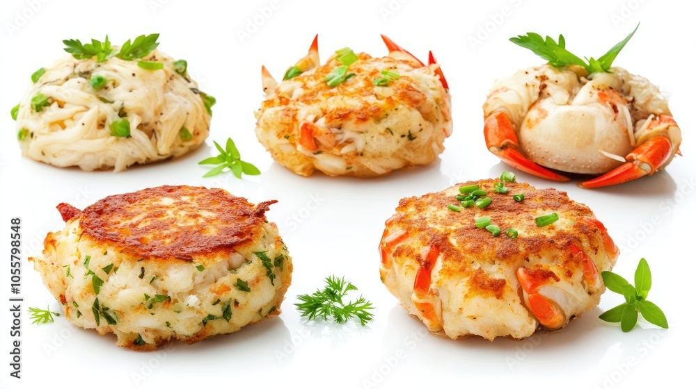 Set of Maryland crab cakes, isolated on white, garnished with herbs, delicious seafood treat Set of Maryland crab cakes, isolated on white, garnished with herbs, delicious seafood treat