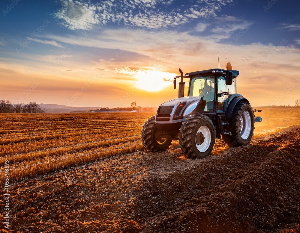Fototapeta premium Tractor working on the barley field by sunset.
