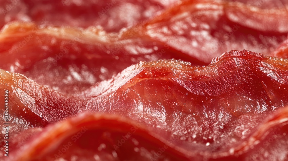 Close up macro image showcasing a texture of freshly cooked crispy red bacon filling the frame with its greasy allure Close up macro image showcasing a texture of freshly cooked crispy red bacon filling the frame with its greasy allure