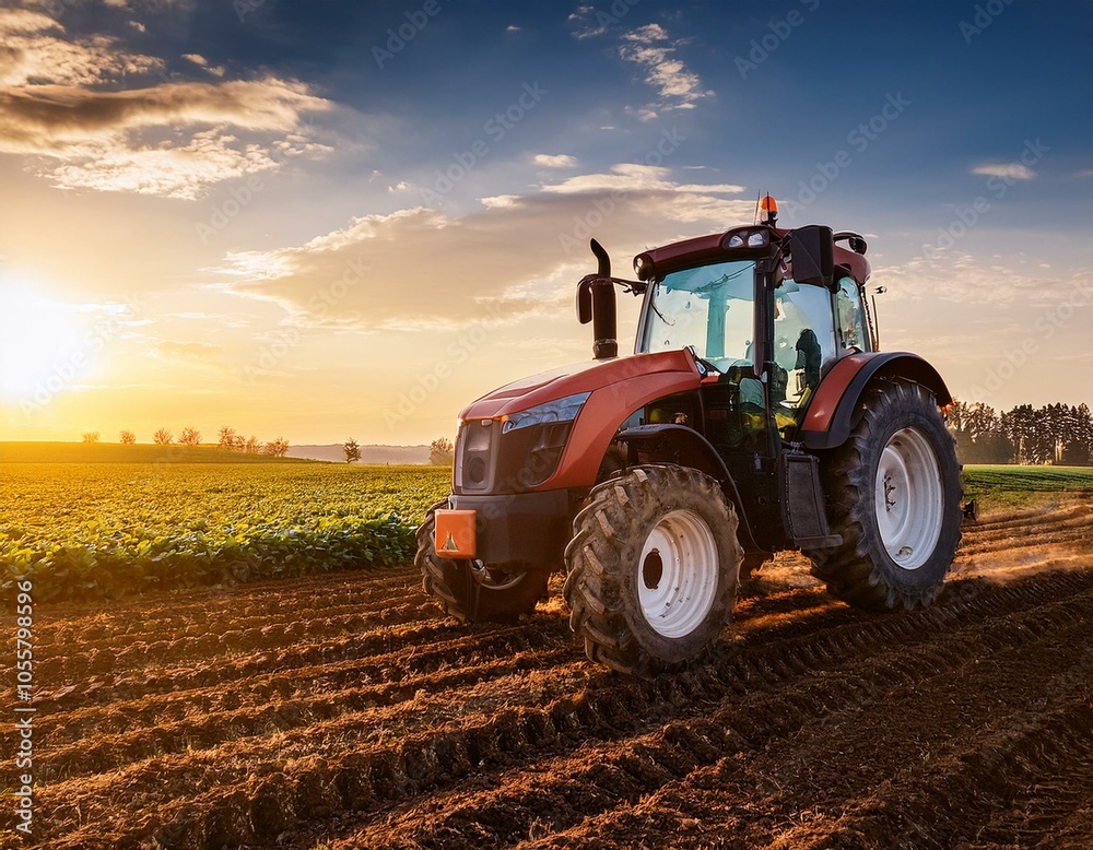 Fototapeta premium Tractor working on the barley field by sunset.
