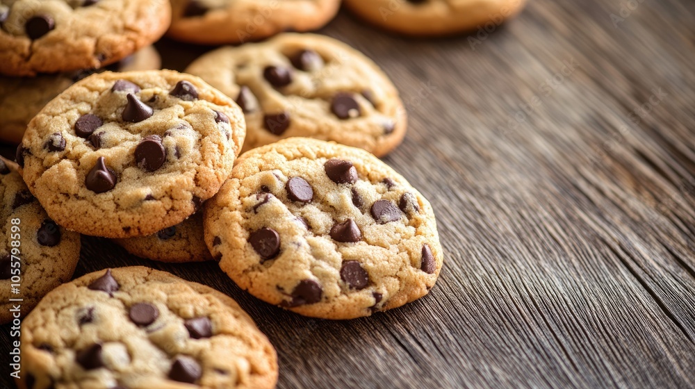 Chocolate chip cookies arranged on a rustic wooden surface Chocolate chip cookies arranged on a rustic wooden surface