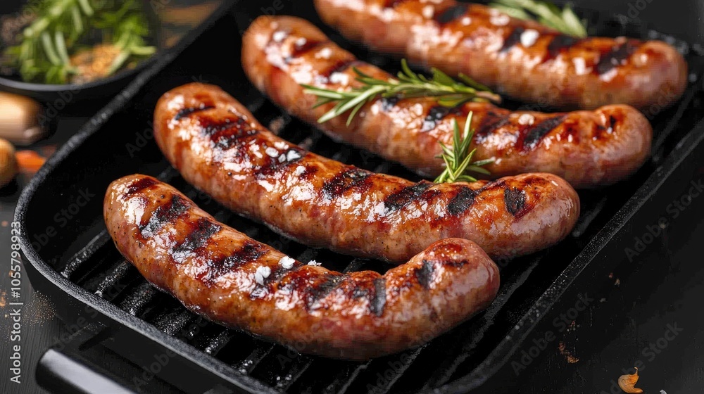 Sausages perfectly grilled on a pan showcasing their delicious flavor Concept of barbecue and grilled cuisine Sausages perfectly grilled on a pan showcasing their delicious flavor Concept of barbecue and grilled cuisine