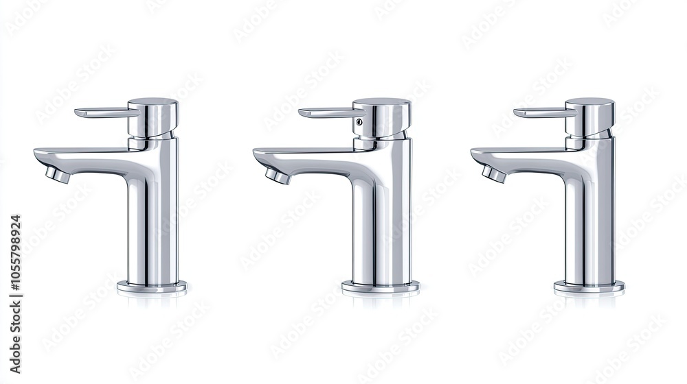 Set of modern chrome faucets, side view, isolated on white, sleek and polished, ideal for contemporary bathrooms Set of modern chrome faucets, side view, isolated on white, sleek and polished, ideal for contemporary bathrooms