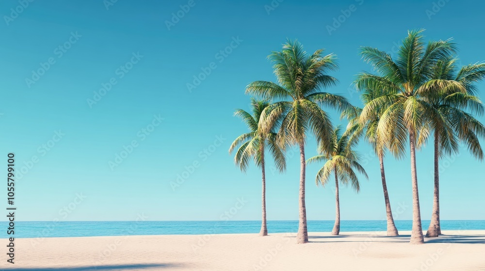 Tall tropical palms rise on a sandy beach under a clear blue sky Modern design features a blank space for text or a logo evoking a tropical paradise atmosphere