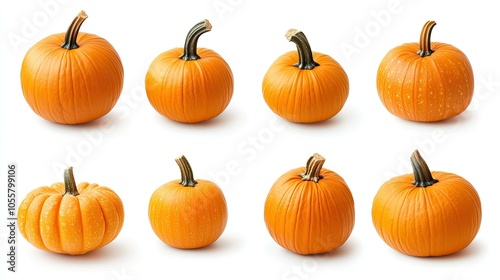 Set of pumpkins in various perspectives, isolated on clean white