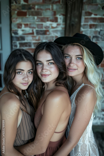 Three close friends posing together in bohemian-style outfits with a rustic brick background