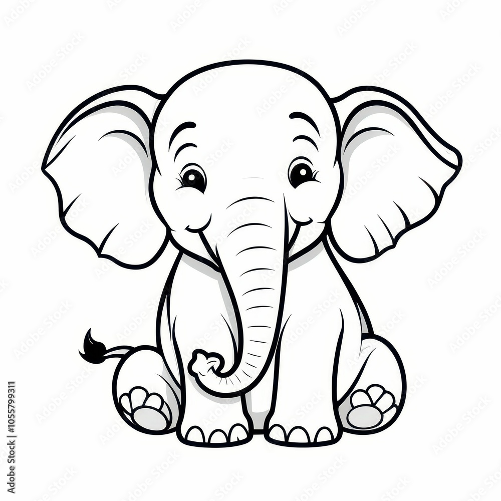 Obraz premium Cute baby elephant, coloring. Black and white illustration.