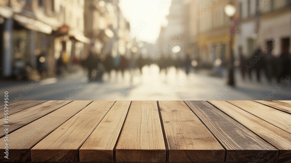 Wooden table in the foreground with a blurred urban street scene behind High quality image Wooden table in the foreground with a blurred urban street scene behind High quality image