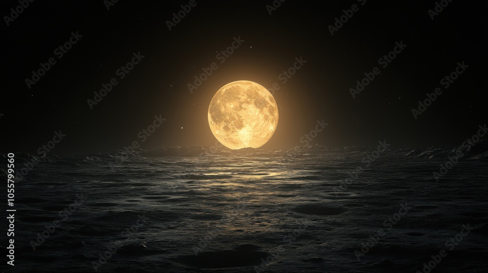 A glowing moon rises over a dark, wavy ocean surface. A glowing moon rises over a dark, wavy ocean surface.