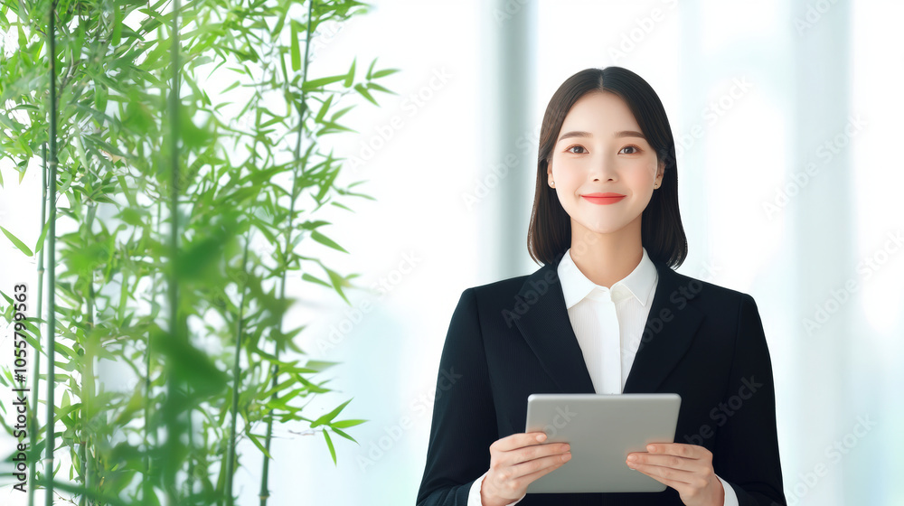 young businesswoman uses tablet while standing in modern office surrounded by greenery, exuding confidence and professionalism young businesswoman uses tablet while standing in modern office surrounded by greenery, exuding confidence and professionalism