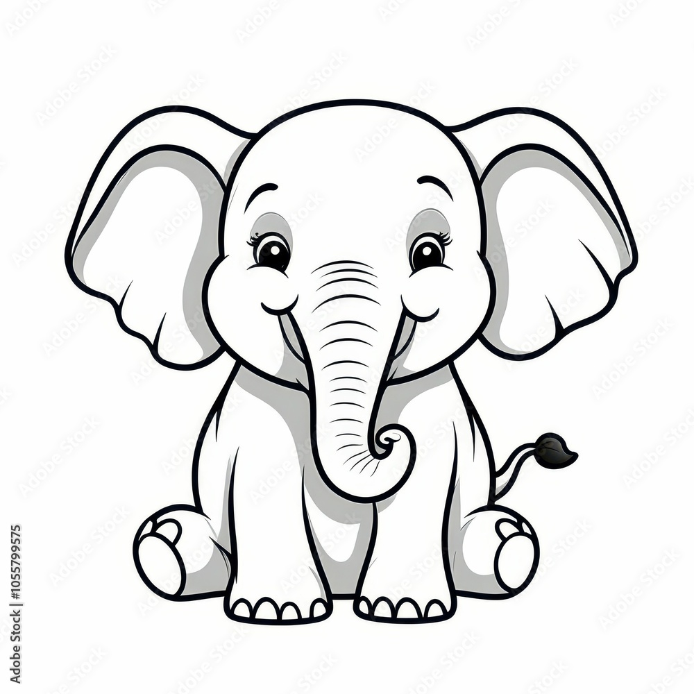 Fototapeta premium Cute baby elephant, coloring. Black and white illustration.