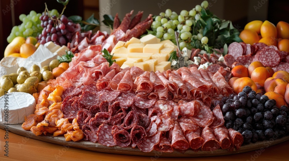 An enticing display of a variety of meats cheeses and fruits ideal for an elegant platter or culinary showcase An enticing display of a variety of meats cheeses and fruits ideal for an elegant platter or culinary showcase