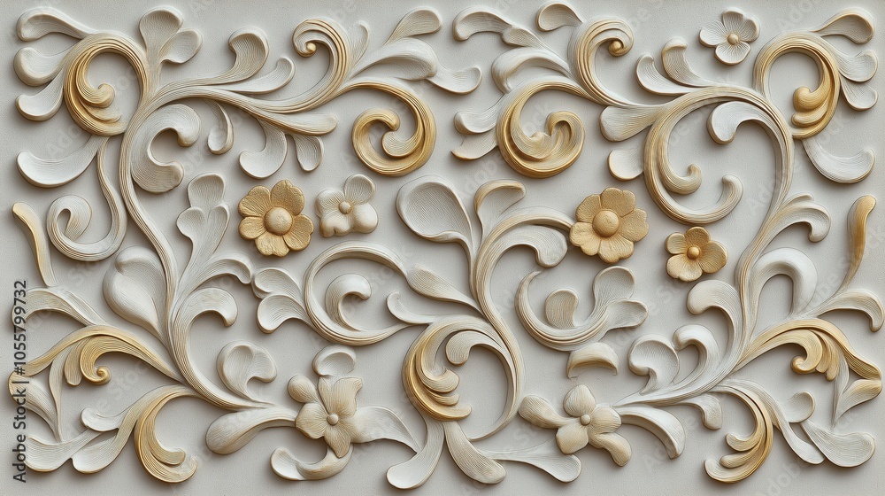 Ornate floral relief pattern with swirling leaves and flowers in beige and gold tones on a textured surface Ornate floral relief pattern with swirling leaves and flowers in beige and gold tones on a textured surface