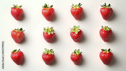 Set of strawberries arranged in multiple views on a clean white background.