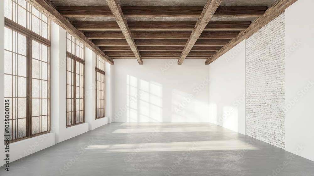 Empty room featuring white walls and wooden elements Empty room featuring white walls and wooden elements