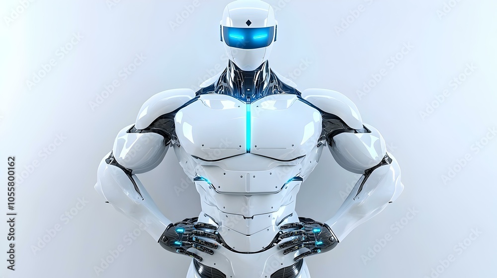 Confident Robot Stance, A 3D robot stands with hands on hips, showcasing a sleek design and futuristic features, exuding a sense of authority. Confident Robot Stance, A 3D robot stands with hands on hips, showcasing a sleek design and futuristic features, exuding a sense of authority.