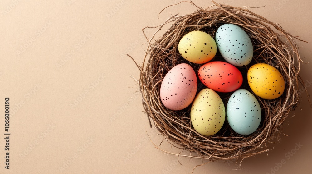 Nest filled with colorful Easter eggs on a light brown background Spring themed design for a greeting card or banner Top view flat lay with ample space for text Nest filled with colorful Easter eggs on a light brown background Spring themed design for a greeting card or banner Top view flat lay with ample space for text