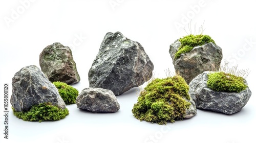 Collection of rocks adorned with moss in a natural environment isolated for emphasis