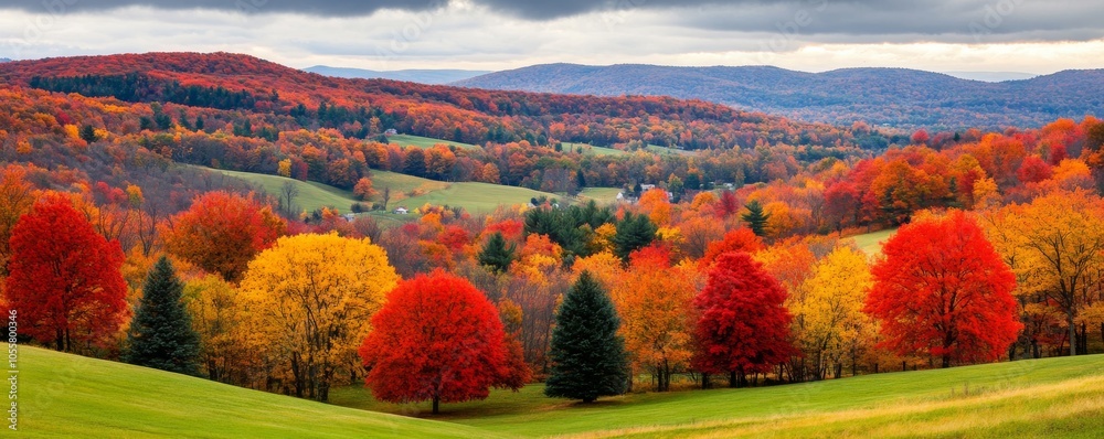 Stunning autumn landscape with vibrant trees in shades of red, orange, and yellow set against a backdrop of rolling hills and cloudy skies. Stunning autumn landscape with vibrant trees in shades of red, orange, and yellow set against a backdrop of rolling hills and cloudy skies.
