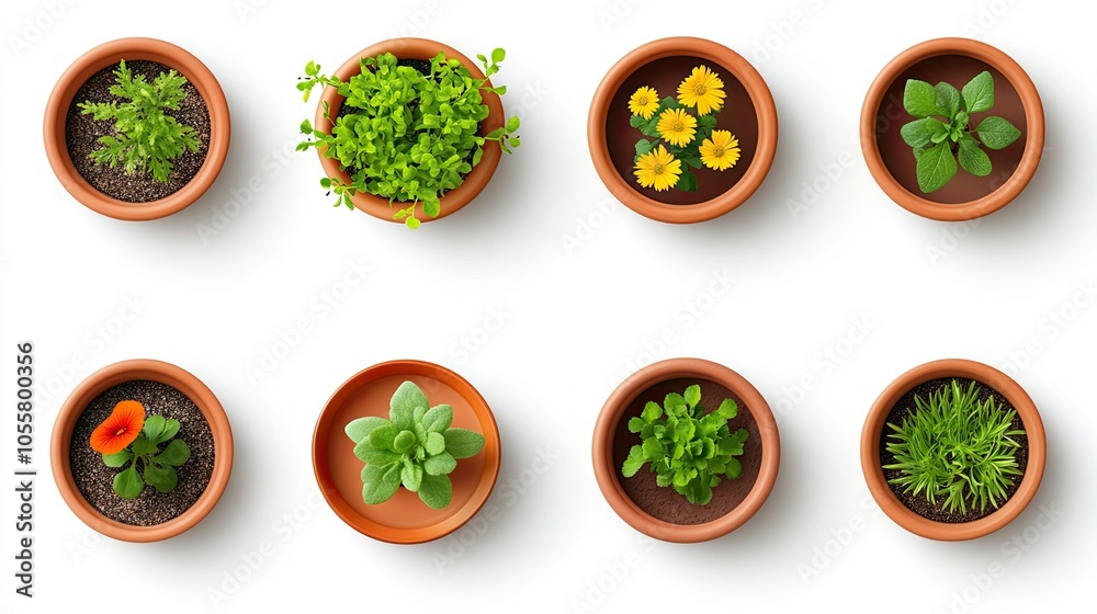 Set of top-view flower pots, clean and empty, isolated on white, mix of round, square, and oval shapes Set of top-view flower pots, clean and empty, isolated on white, mix of round, square, and oval shapes