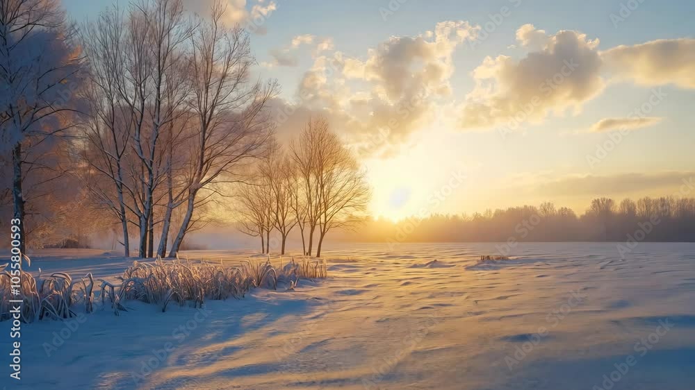 Winter sunrise illuminating a snowy landscape, with the first light of day reflecting off the frost-covered trees and fields. . Video