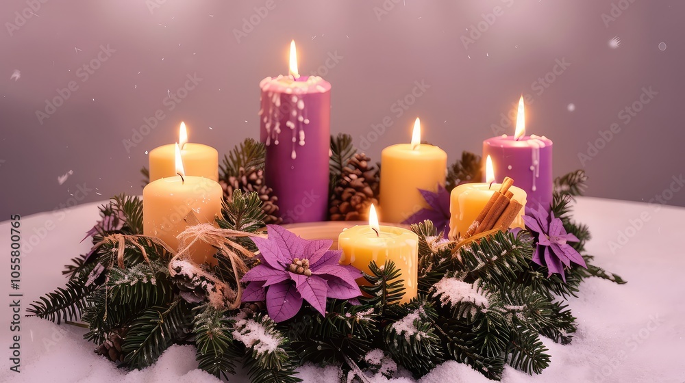 A festive Advent wreath with candles and a blank space for text in the center. A festive Advent wreath with candles and a blank space for text in the center.