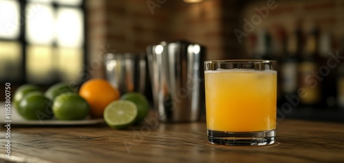 A refreshing cocktail with a vibrant orange hue served in a clear glass, surrounded by fresh fruits on a rustic wooden bar.