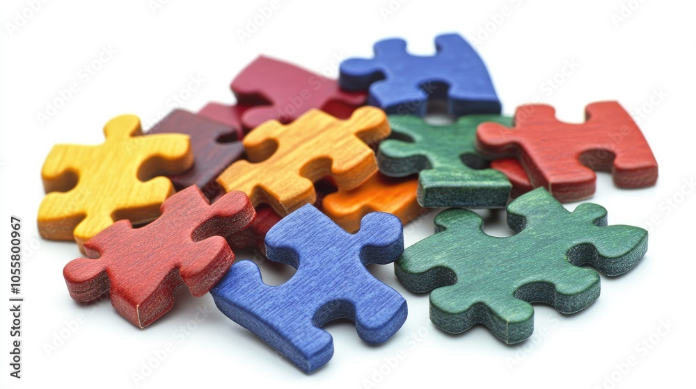 Several puzzle pieces separated and resting on a white background, offering a minimalist visual for stock photos. Several puzzle pieces separated and resting on a white background, offering a minimalist visual for stock photos.