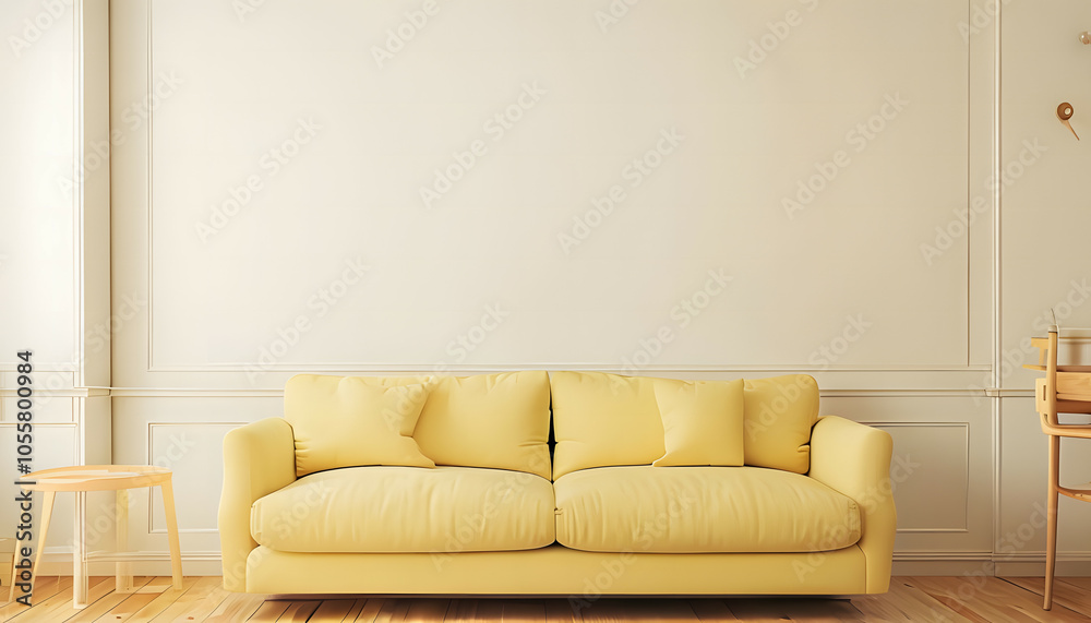 interior background of living room with blank wall and yellow sofa