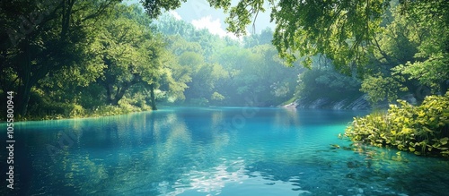A Tranquil Turquoise Lake Within A Lush Forest Under A Clear Sky