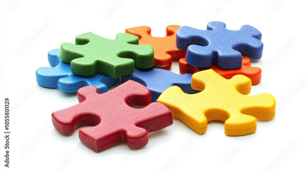 Several puzzle pieces separated and scattered on a clean white background, ideal for visuals related to problem-solving, teamwork, or creativity. Several puzzle pieces separated and scattered on a clean white background, ideal for visuals related to problem-solving, teamwork, or creativity.
