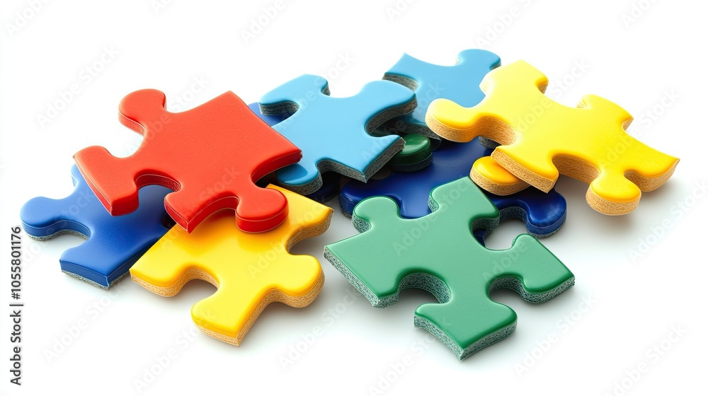 Several separated puzzle pieces scattered on a white background, symbolizing collaboration and problem-solving.