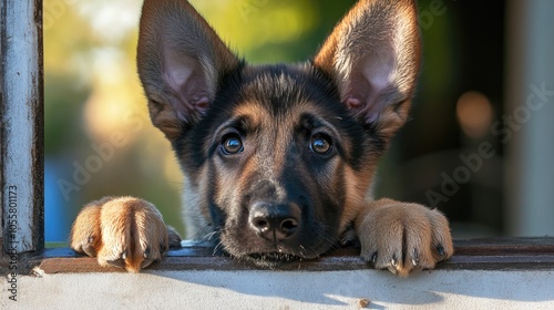 Innocent German Shepherd puppy peeking over a windowsill showcasing its curious spirit and adorable vigilance photo