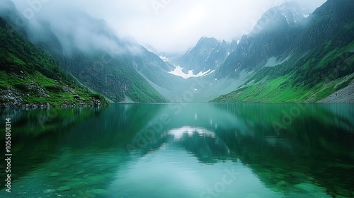 Beautiful green lake surrounded by mountains