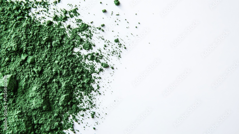 Green powder dispersed on a white surface Blank space Abstract pattern Overhead perspective Green powder dispersed on a white surface Blank space Abstract pattern Overhead perspective
