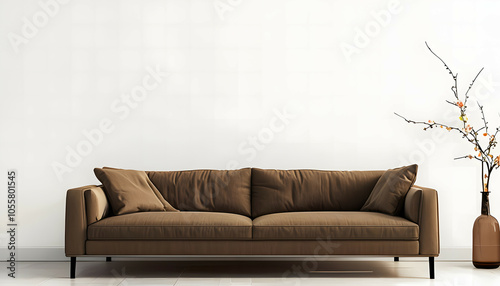 interior background of living room with blank wall and brown sofa
