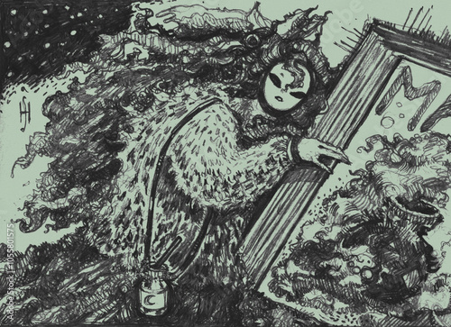 An original pencil illustration of a girl holding a book, with dark, gothic elements. Evocative and mysterious, ideal for fantasy, gothic, and dark-themed art projects.