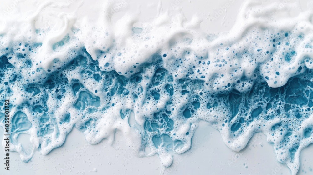 White and blue sea foam texture created by playful waves Aerial view of the ocean wave surface featuring bubbles and gradient colors offering a space for text White and blue sea foam texture created by playful waves Aerial view of the ocean wave surface featuring bubbles and gradient colors offering a space for text