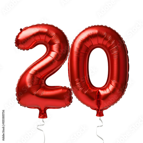 Realistic 3D red number 20 twenty shaped balloon isolated on white background 