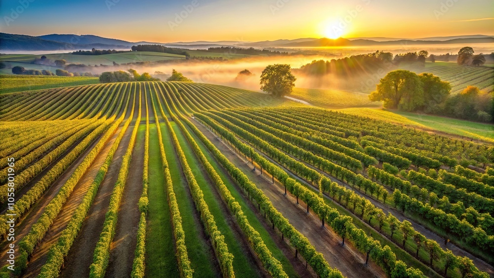 landscape of vineyard in the morning with high angle view landscape of vineyard in the morning with high angle view