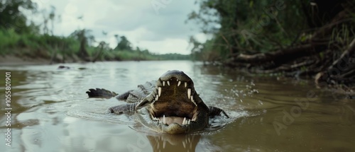 A crocodile partially emerges from swampy waters, its jaws wide open, embodying raw power and the mysteries of aquatic life. photo