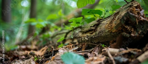 A fallen log in a verdant forest hosts new life, with fresh leaves sprouting from it, showcasing nature's resilience and cycle of renewal.