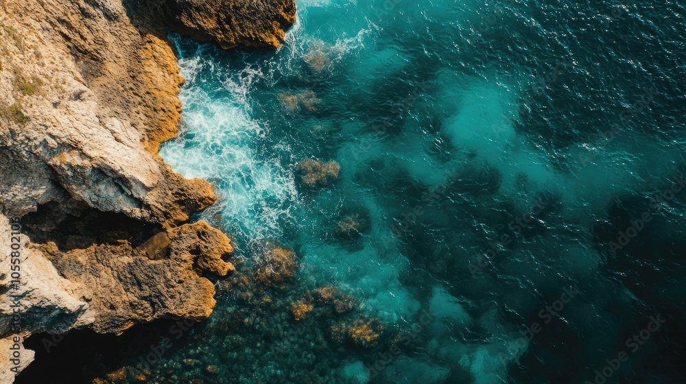 Aerial view of clear sea water flowing over rocks at the base of a mountain Aerial view of clear sea water flowing over rocks at the base of a mountain