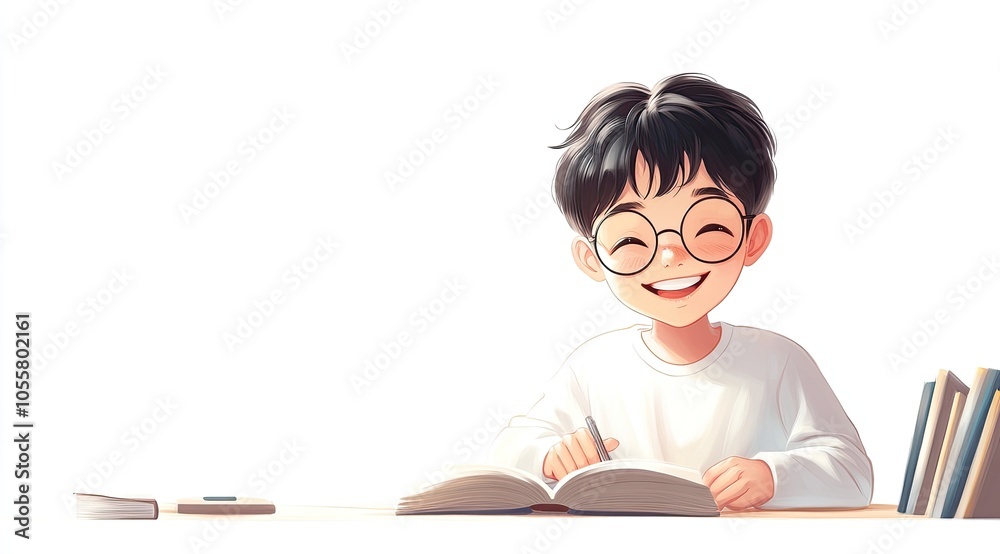 A happy boy with glasses is sitting at a desk, wearing a white long-sleeved shirt and holding an open book in his hand