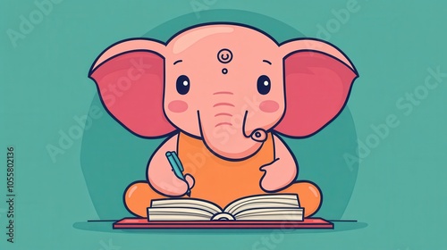 Cute Cartoon Ganesha with Book and Pen