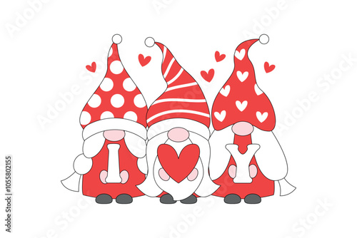 Festive banner for Valentine's Day. Cute gnomes with the text I love you in their hands. Illustration in doodle style. Vector illustration