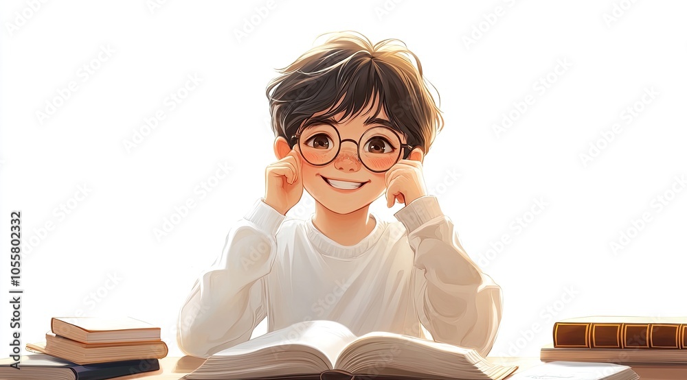 A happy boy with glasses is sitting at a desk, wearing a white long-sleeved shirt and holding an open book in his hand A happy boy with glasses is sitting at a desk, wearing a white long-sleeved shirt and holding an open book in his hand