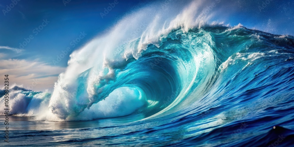 Dynamic crashing ocean wave in beautiful shades of blue for designs Dynamic crashing ocean wave in beautiful shades of blue for designs