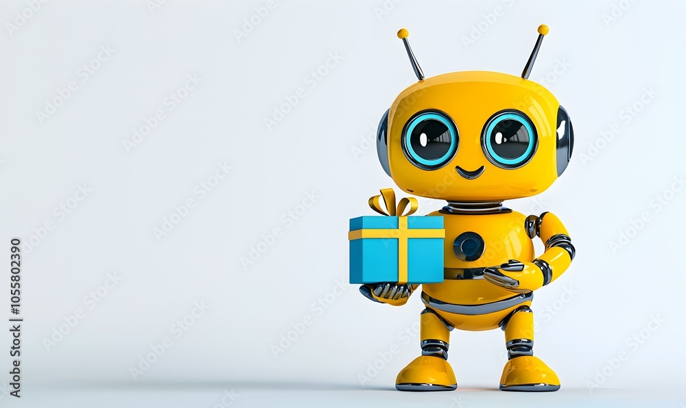 Cheerful 3D Robot with Gift Box, A vibrant robot character joyfully presenting a colorful gift box, embodying fun and excitement. Cheerful 3D Robot with Gift Box, A vibrant robot character joyfully presenting a colorful gift box, embodying fun and excitement.