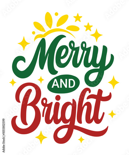 Merry and Bright Typography Design – Cheerful Script with Sparkles and Snowflakes photo